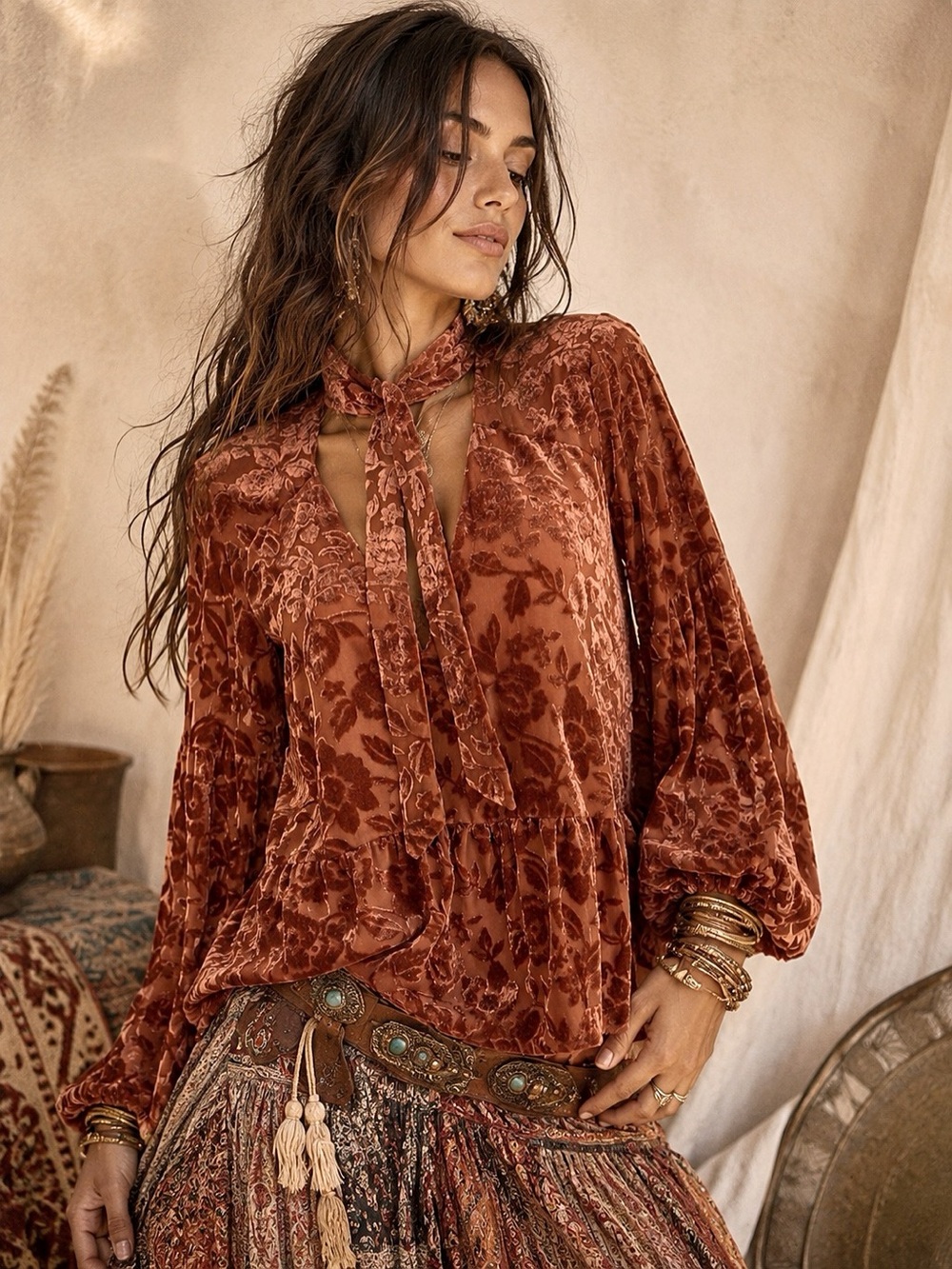 Anthropologie Rust Red Velvet Tie Front Blouse with Relaxed Sleeves